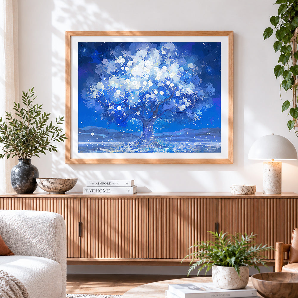 Finished starry night blossom tree paint by numbers artwork displayed as home decor