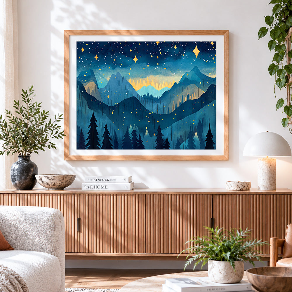 Finished starry night blue mountains paint by numbers artwork displayed as home decor