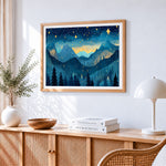 Starry night blue mountains paint by numbers artwork displayed on wall as home decor