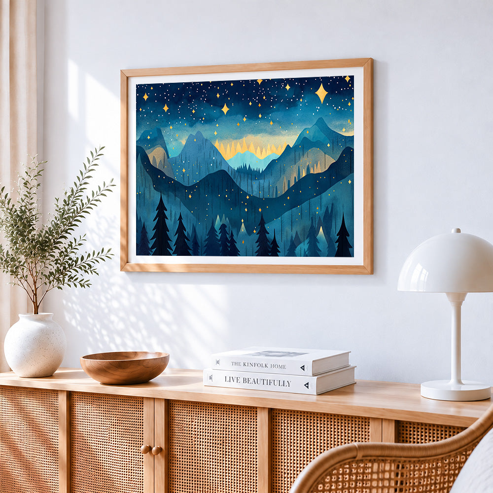 Starry night blue mountains paint by numbers artwork displayed on wall as home decor