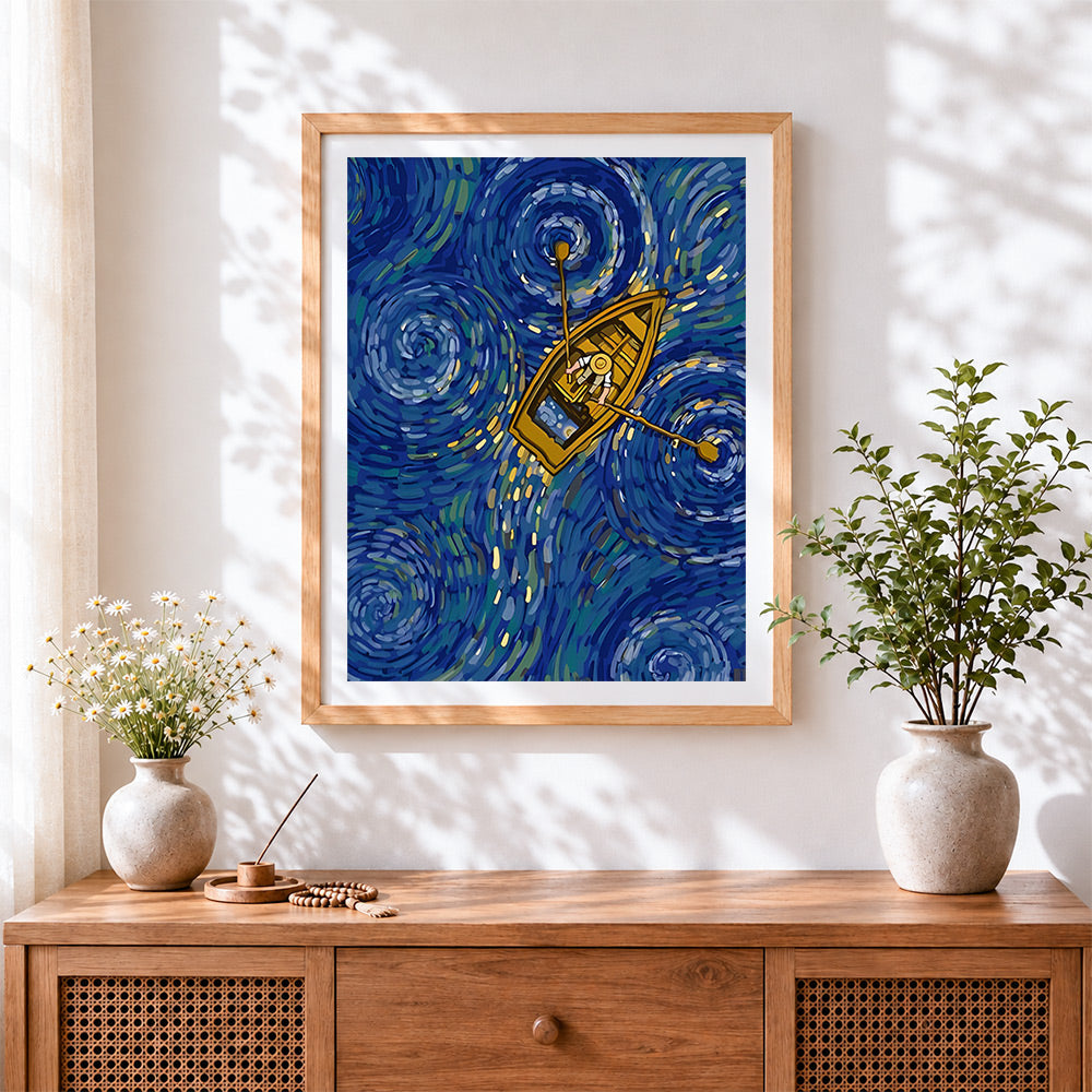 Finished starry night boat ride cross stitch artwork displayed