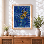 Finished starry night boat ride cross stitch artwork displayed