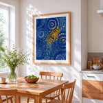 Starry night boat ride cross stitch artwork displayed on wall as home decor