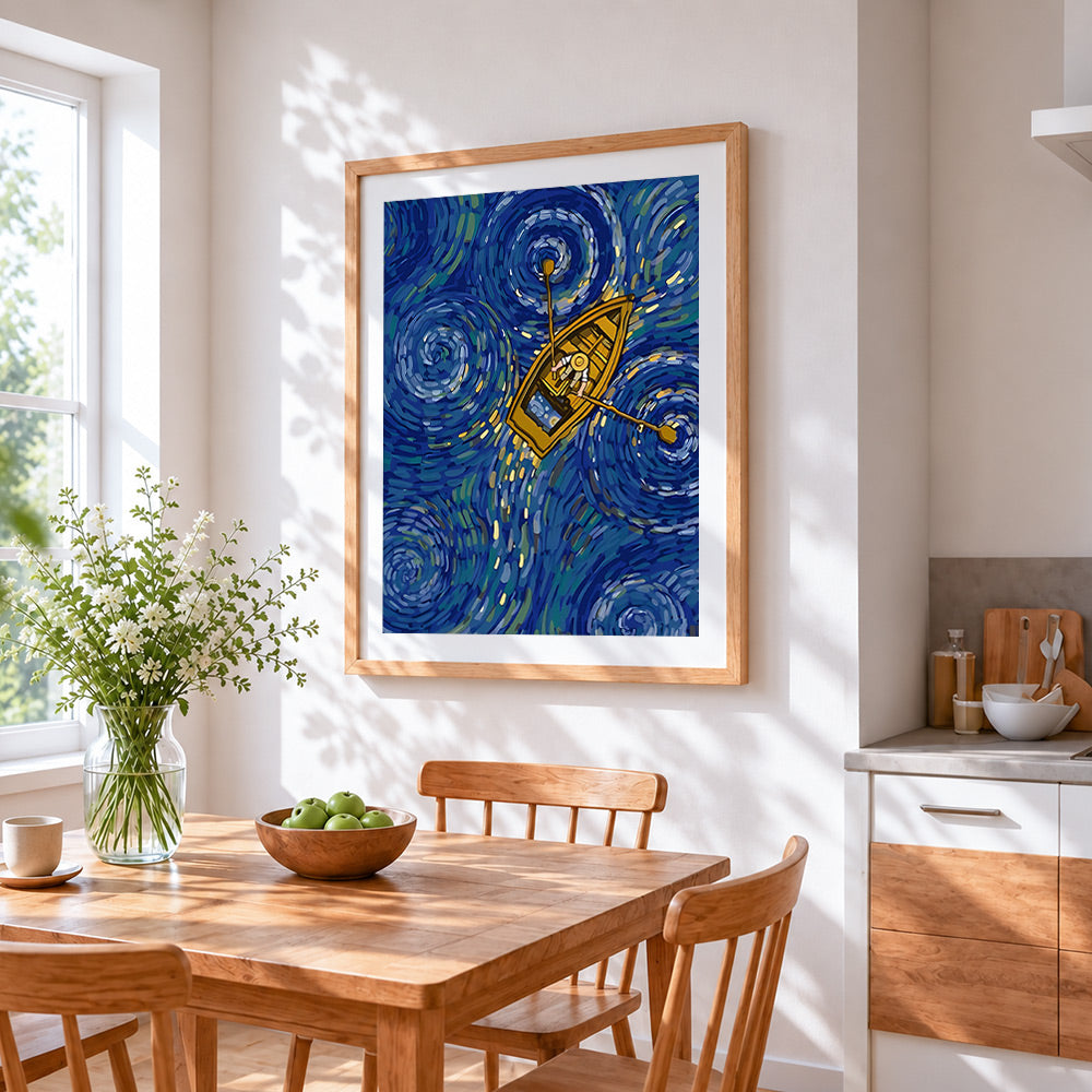 Starry night boat ride cross stitch artwork displayed on wall as home decor