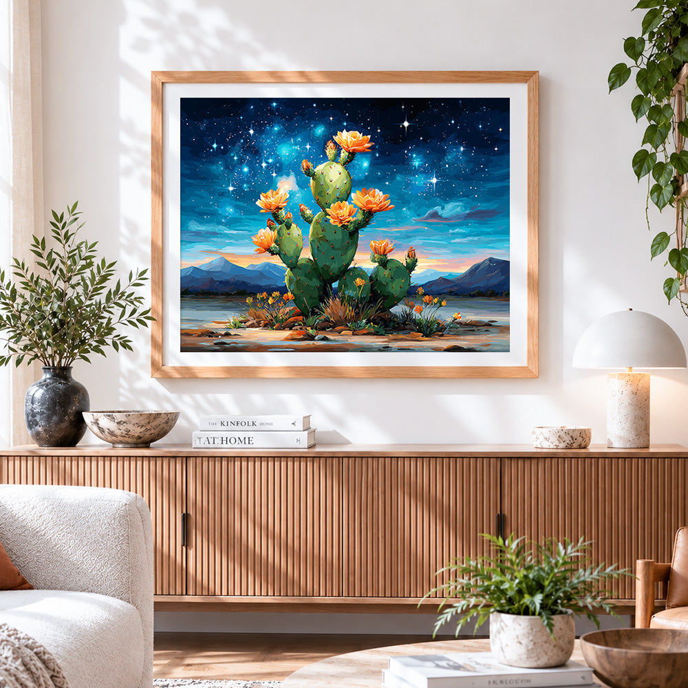 Finished starry night cactus paint by numbers artwork displayed as home decor
