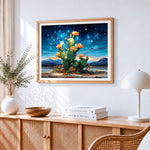 Starry night cactus paint by numbers artwork displayed on wall as home decor