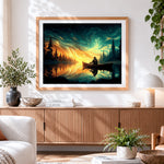 Finished starry night canoe cross stitch artwork displayed
