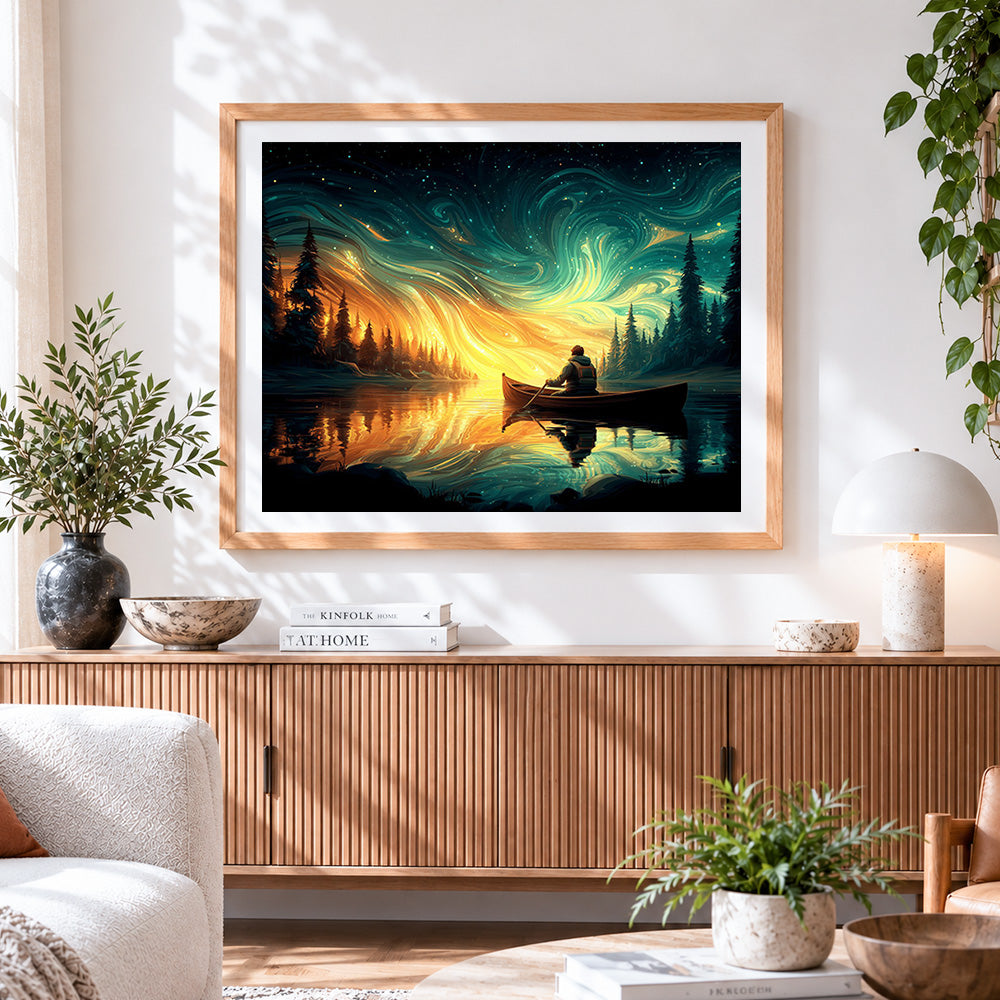 Finished starry night canoe cross stitch artwork displayed