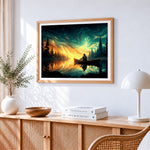 Starry night canoe cross stitch artwork displayed on wall as home decor