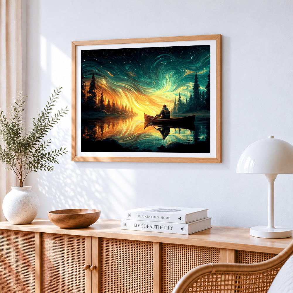 Starry night canoe paint by numbers artwork displayed on wall as home decor