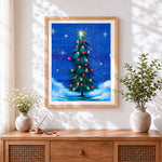 Finished starry night christmas tree cross stitch artwork displayed
