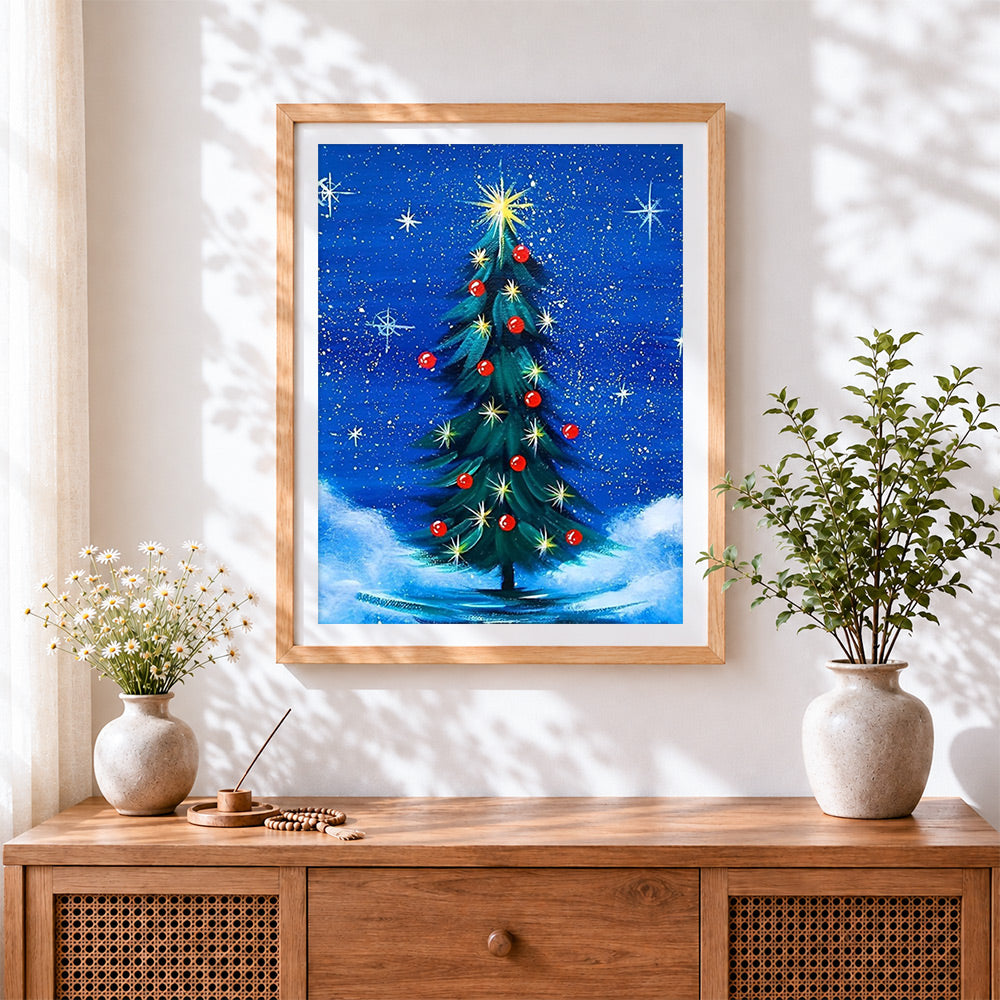 Finished starry night christmas tree cross stitch artwork displayed