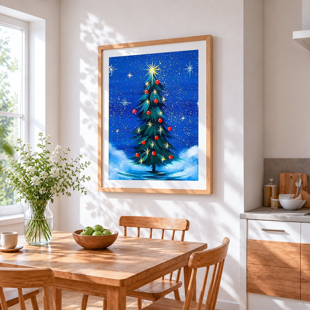 Starry night christmas tree cross stitch artwork displayed on wall as home decor