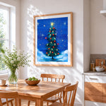 Starry night christmas tree cross stitch artwork displayed on wall as home decor