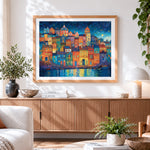 Finished starry night colourful harbour cross stitch artwork displayed