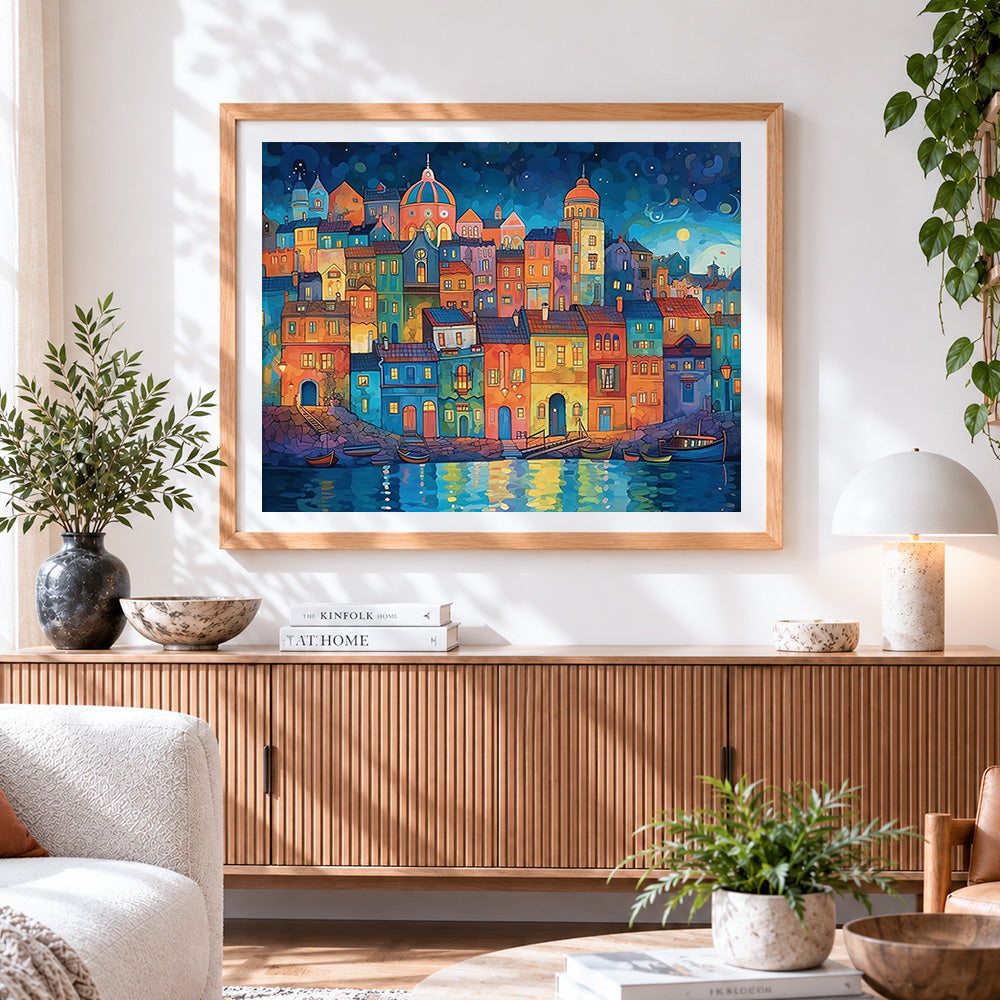 Finished starry night colourful harbour cross stitch artwork displayed