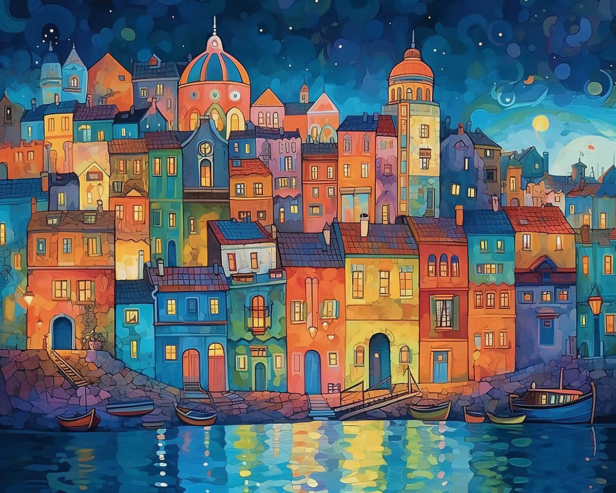 Starry night colourful harbour cross stitch kit for beginners