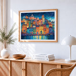 Starry night colourful harbour cross stitch artwork displayed on wall as home decor