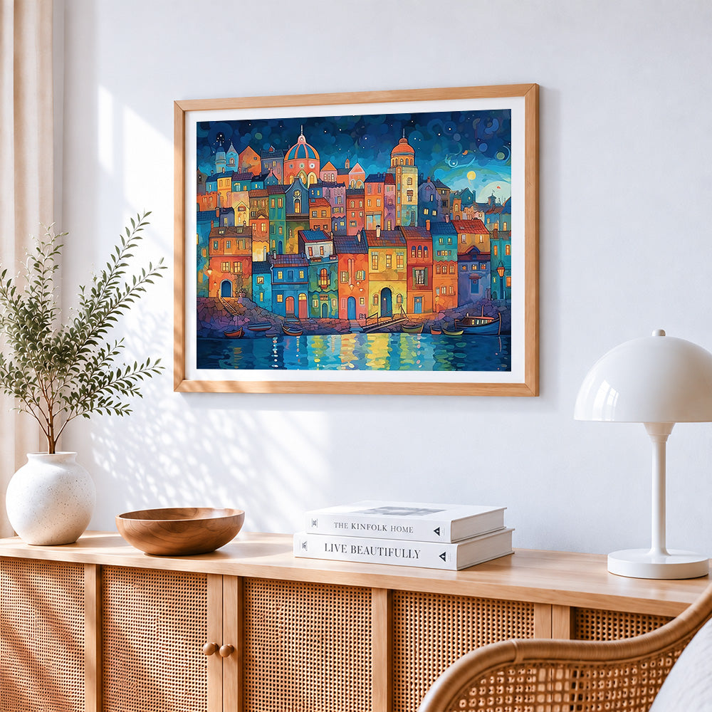 Starry night colourful harbour paint by numbers artwork displayed on wall as home decor