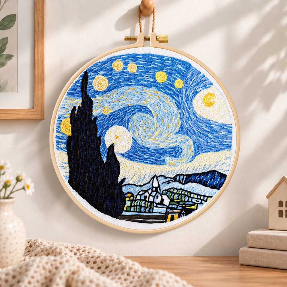 Starry night embroidery scene embroidery hoop wall art displayed as warm and cosy handmade home decor