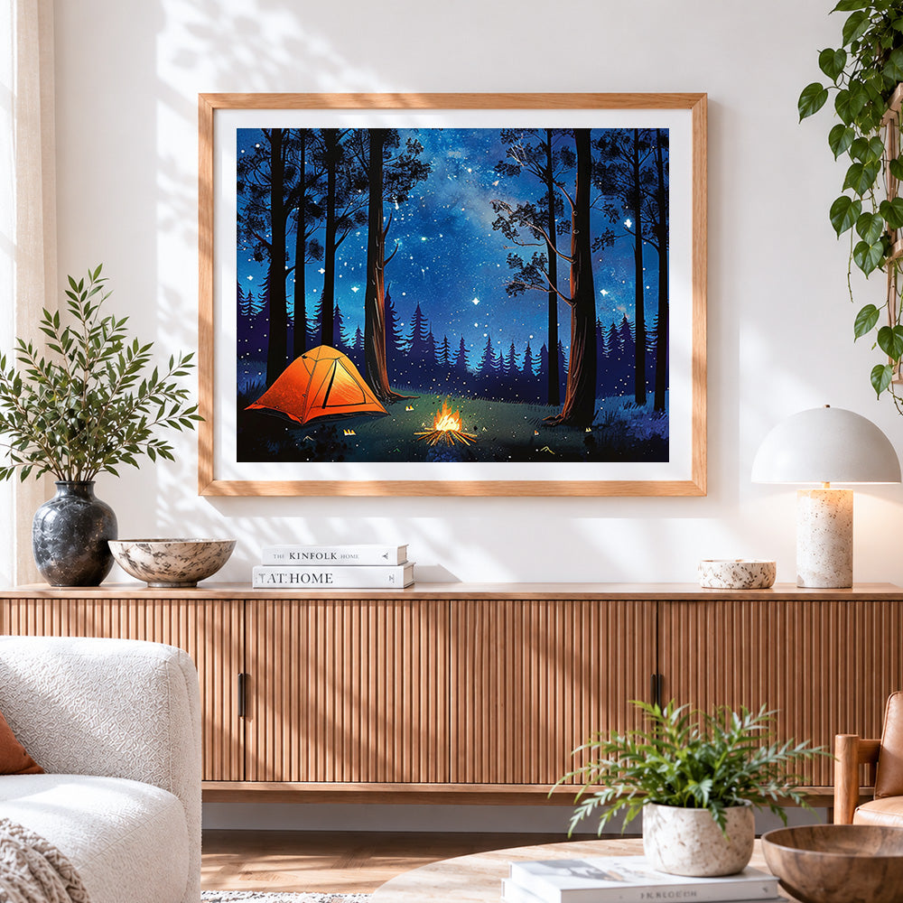 Finished starry night forest camping paint by numbers artwork displayed as home decor