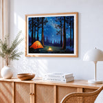 Starry night forest camping paint by numbers artwork displayed on wall as home decor