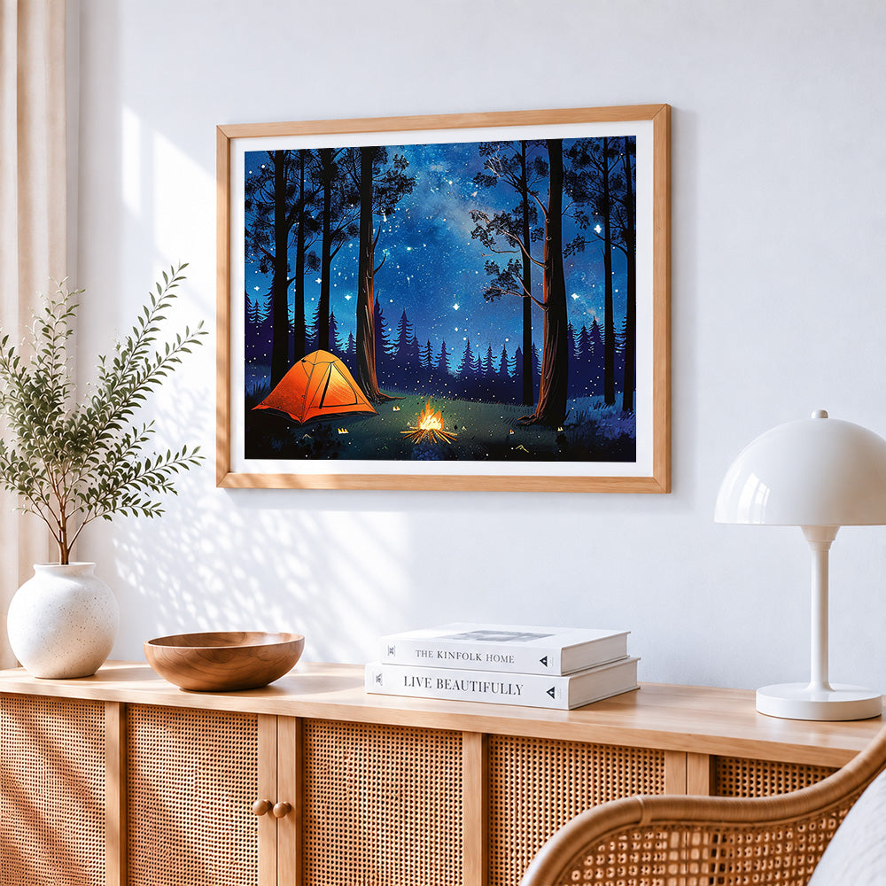Starry night forest camping paint by numbers artwork displayed on wall as home decor