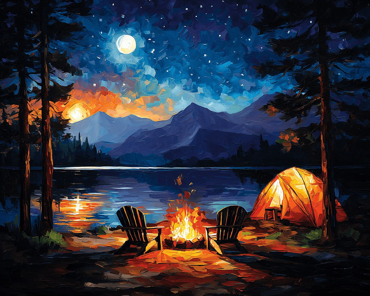 Starry night lakeside camping cross stitch kit for beginners