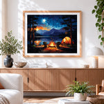 Finished starry night lakeside camping paint by numbers artwork displayed as home decor