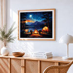 Starry night lakeside camping paint by numbers artwork displayed on wall as home decor