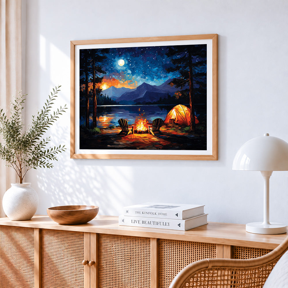 Starry night lakeside camping paint by numbers artwork displayed on wall as home decor