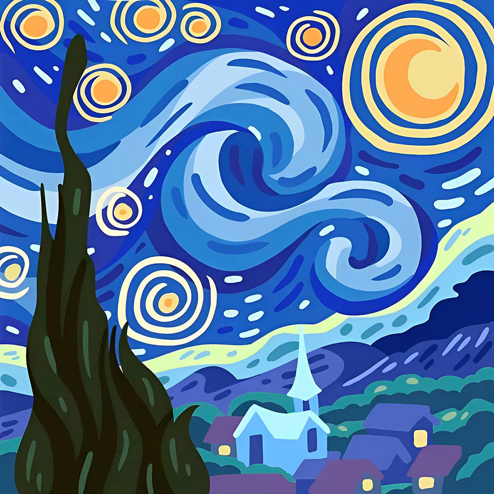 Starry night modern illustration cross stitch kit for beginners