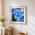 Starry night modern illustration cross stitch artwork displayed on wall as home decor