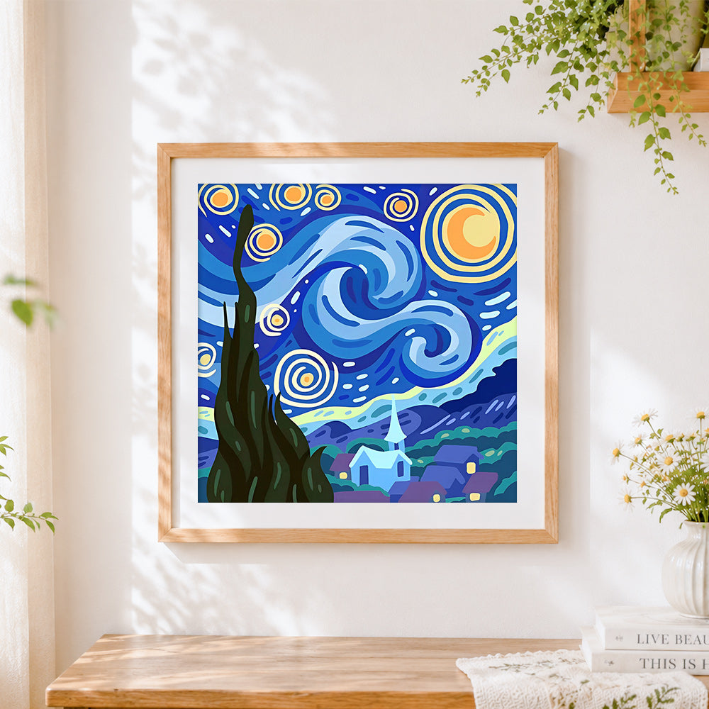 Finished starry night modern illustration paint by numbers artwork displayed as home decor