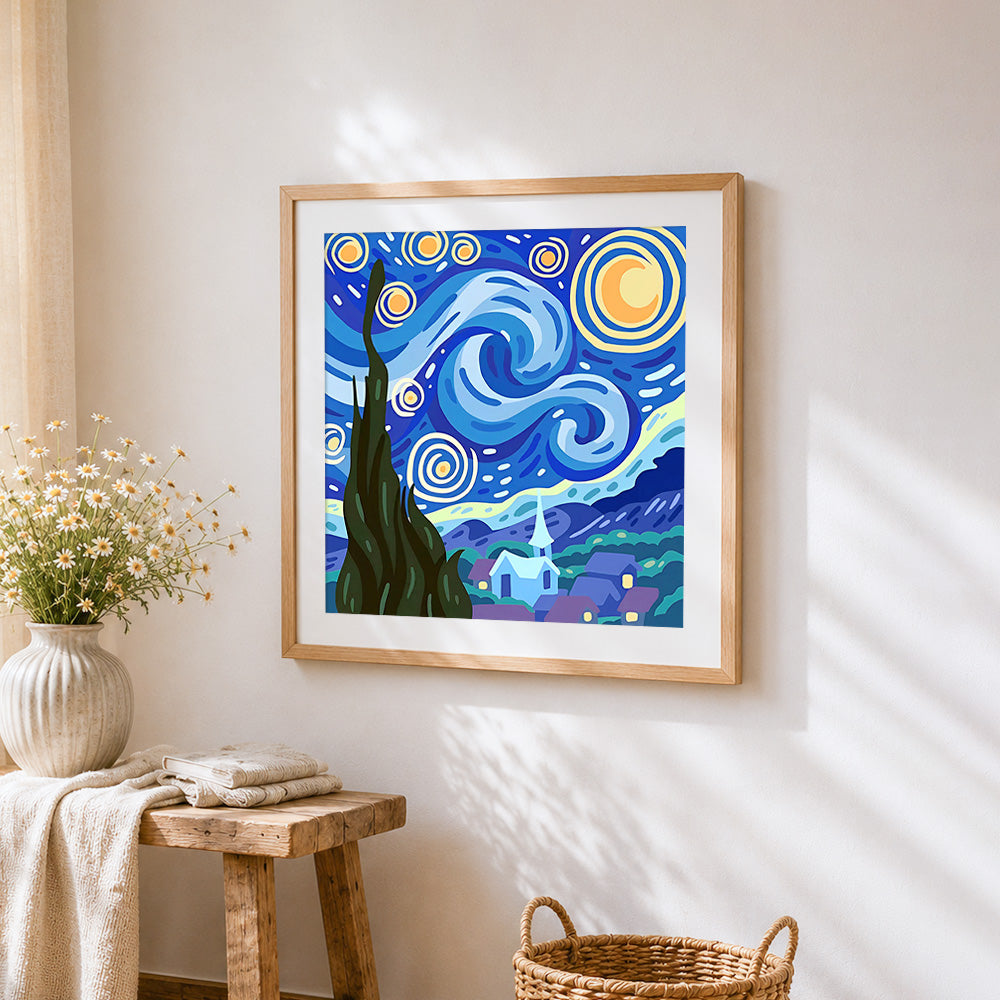Starry night modern illustration paint by numbers artwork displayed on wall as home decor