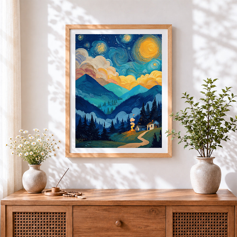 Finished starry night mountain valley cross stitch artwork displayed