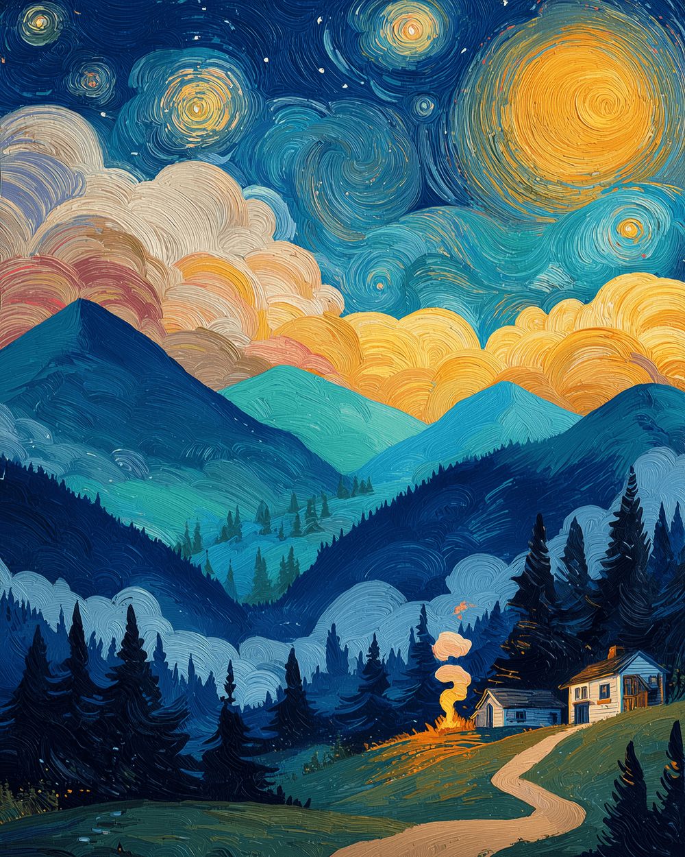 Starry night mountain valley cross stitch kit for beginners