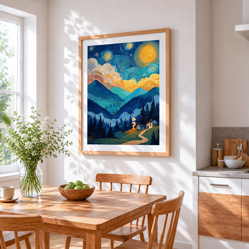 Starry night mountain valley cross stitch artwork displayed on wall as home decor