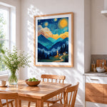 Starry night mountain valley cross stitch artwork displayed on wall as home decor
