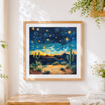 Finished starry night over a desert oasis cross stitch artwork displayed