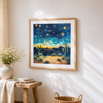 Starry night over a desert oasis cross stitch artwork displayed on wall as home decor