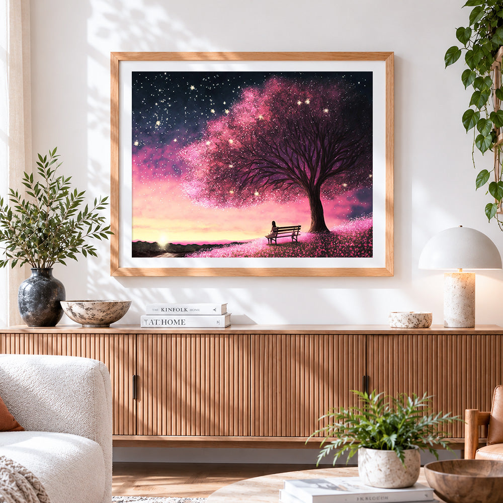 Finished starry night pink tree cross stitch artwork displayed