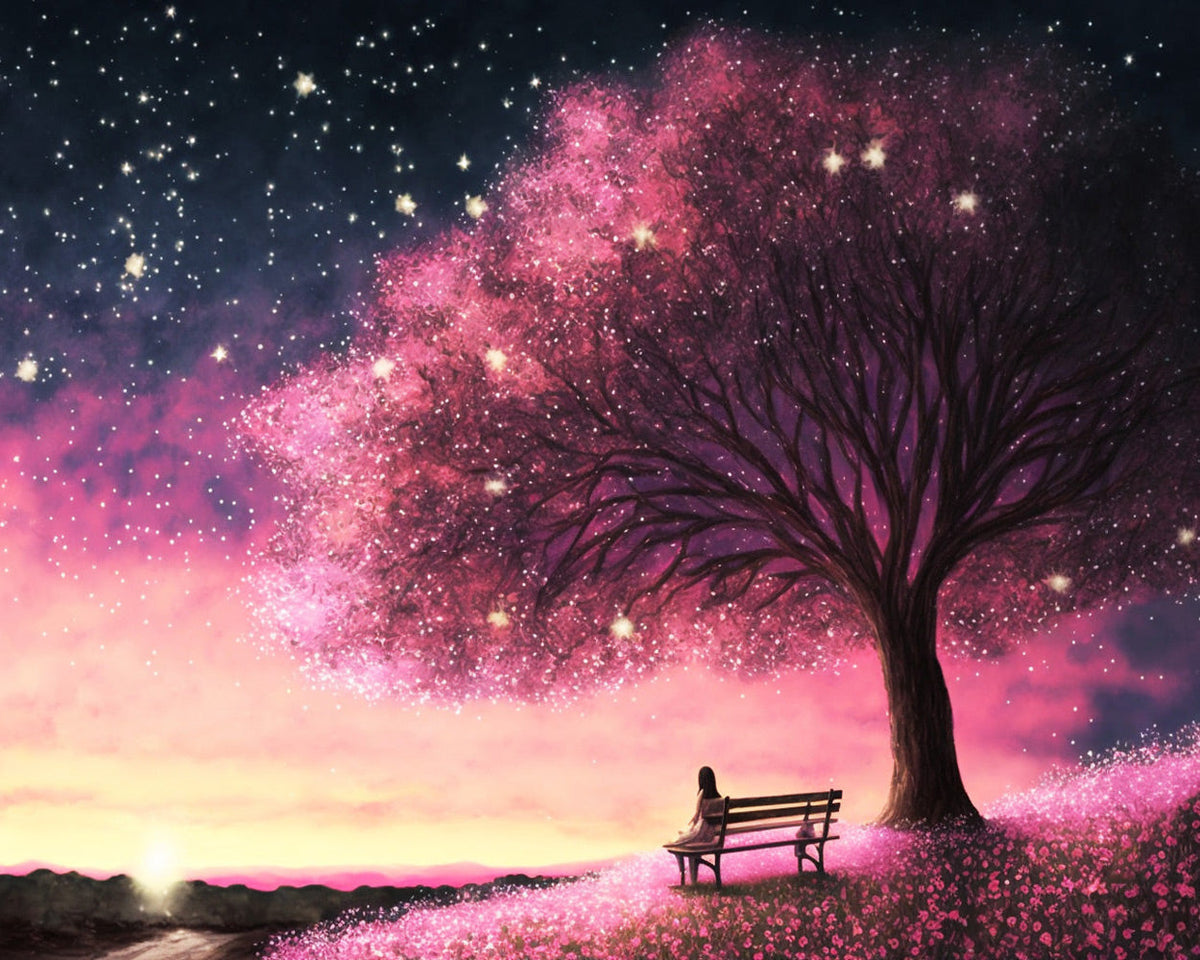 Starry night pink tree cross stitch kit for beginners