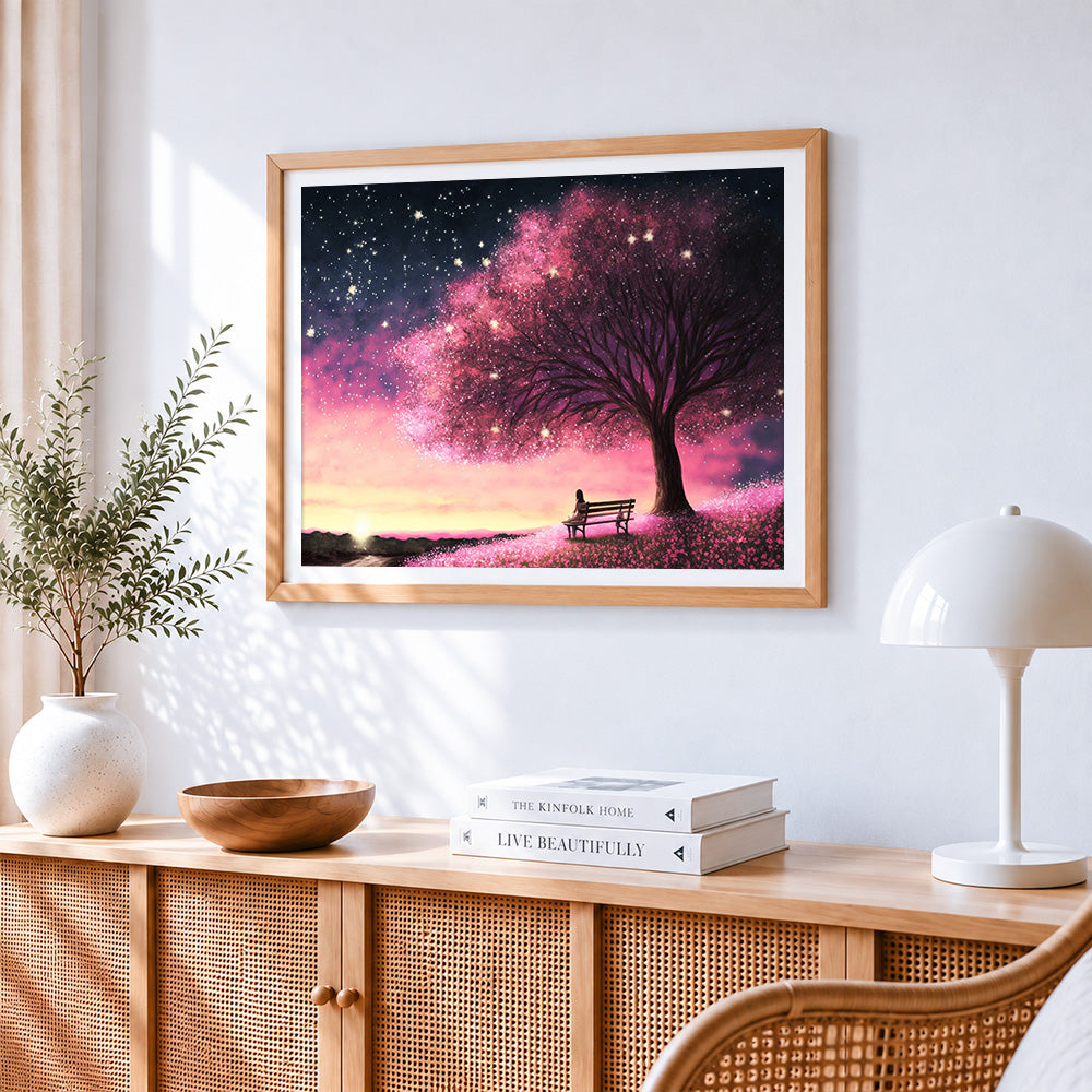 Starry night pink tree cross stitch artwork displayed on wall as home decor