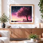 Finished starry night pink tree paint by numbers artwork displayed as home decor
