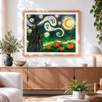 Finished starry night pumpkin patch cross stitch artwork displayed