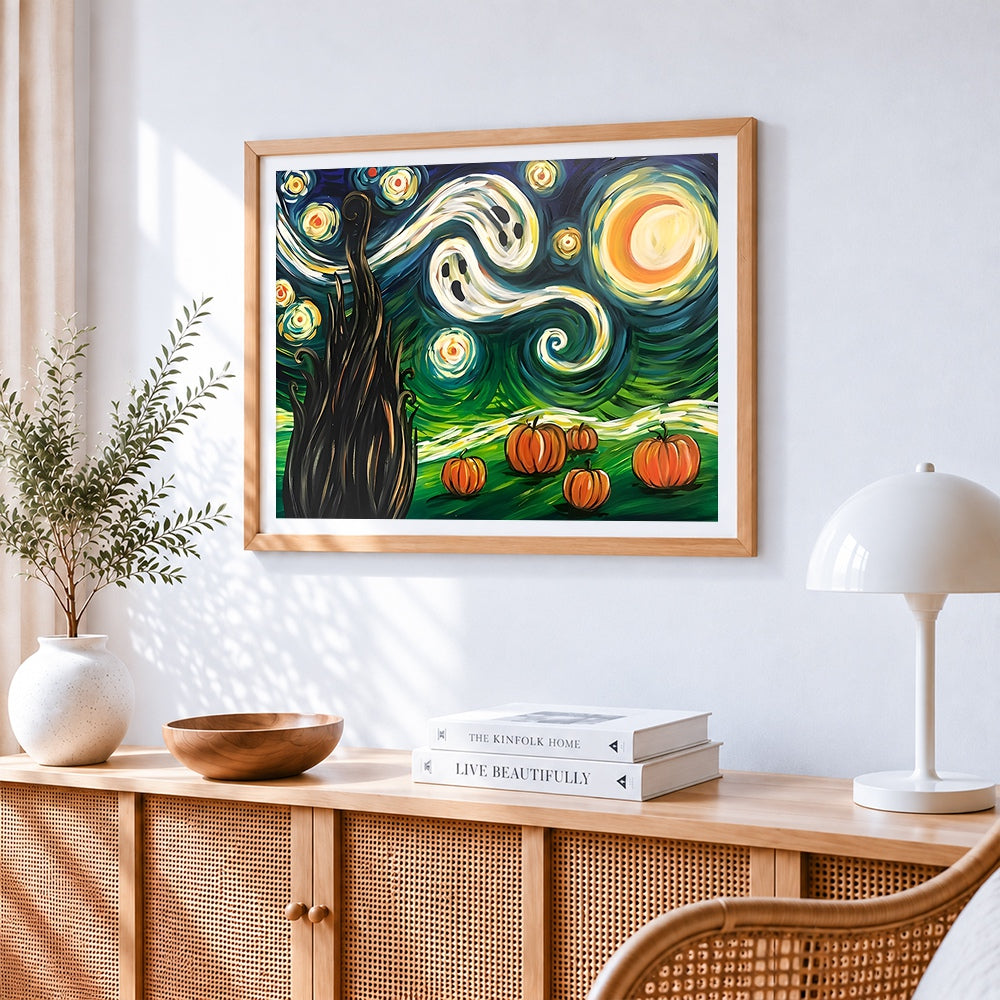 Starry night pumpkin patch cross stitch artwork displayed on wall as home decor