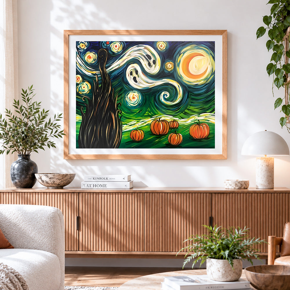 Finished starry night pumpkin patch paint by numbers artwork displayed as home decor