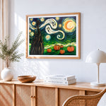 Starry night pumpkin patch paint by numbers artwork displayed on wall as home decor