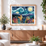 Finished starry night village cross stitch artwork displayed